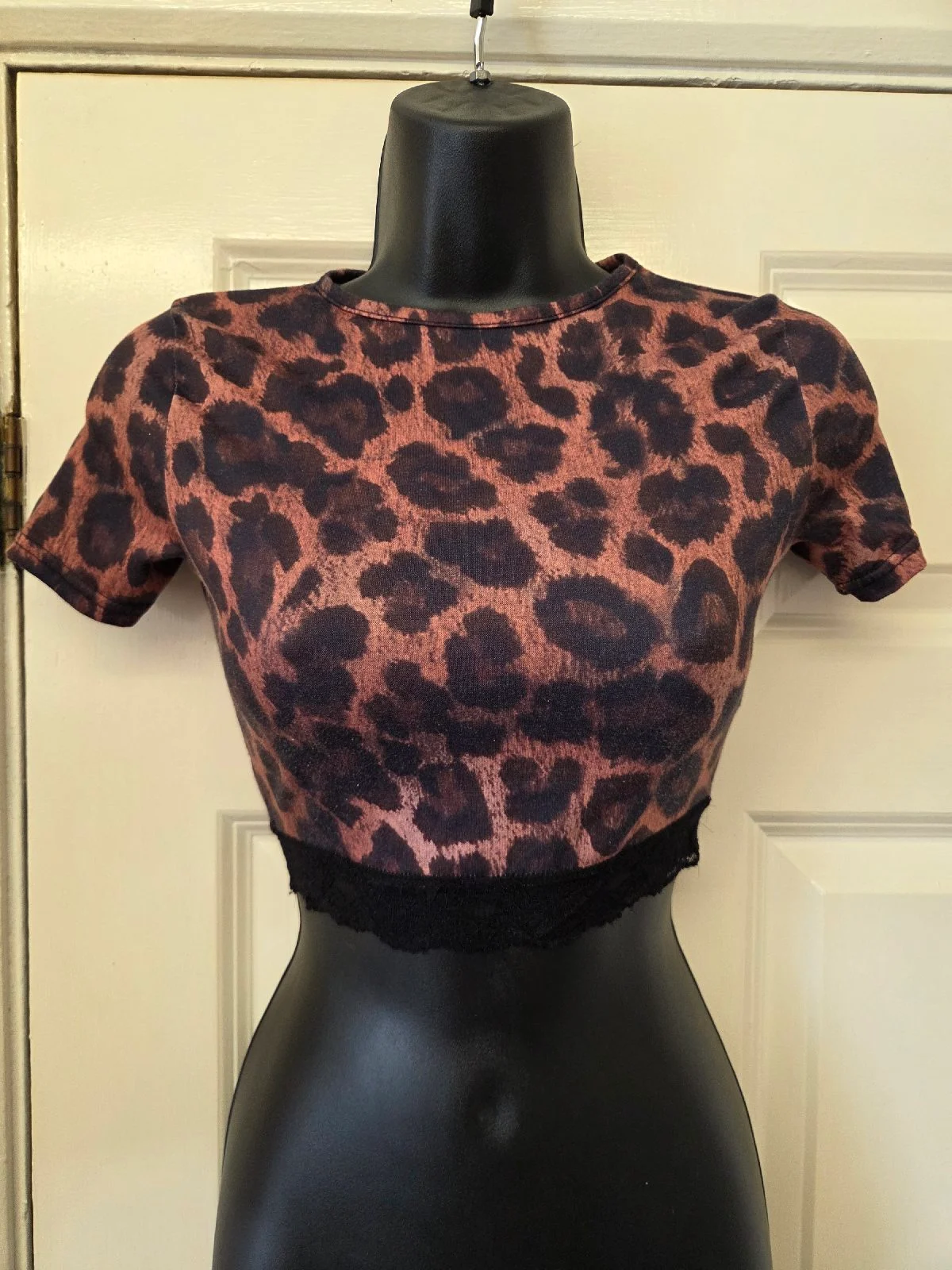 PrettyLittleThing Leopard Print Lace Trim Crop Top Size XS