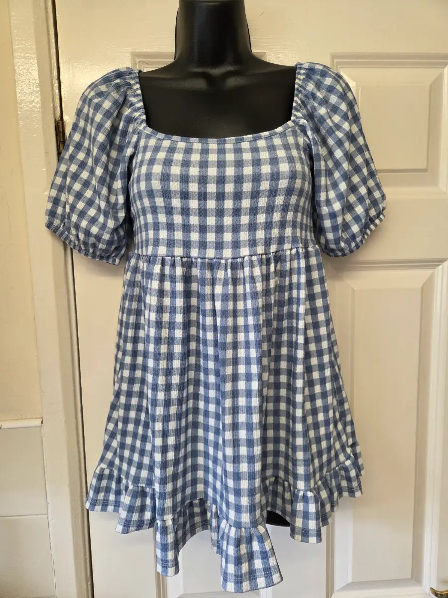 New Look Blue Gingham Milkmaid Babydoll Mini Dress. Size 6