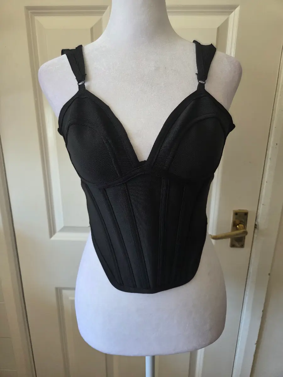 PrettyLittleThing Black Bandage Dip Hem Corset Top. Size 8