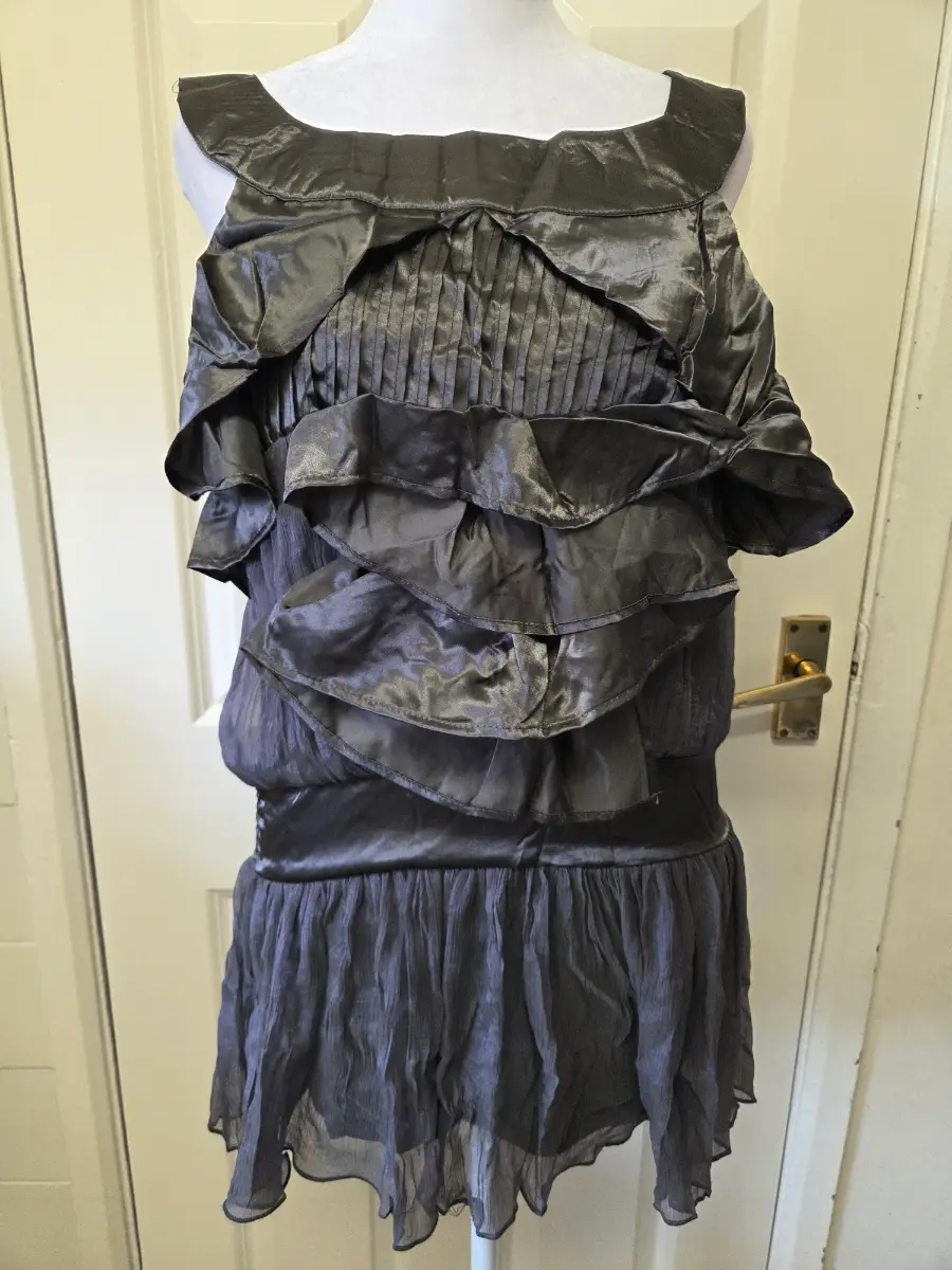 Heaven Grey Satin Ruffle Tiered Mini Dress. Size 14