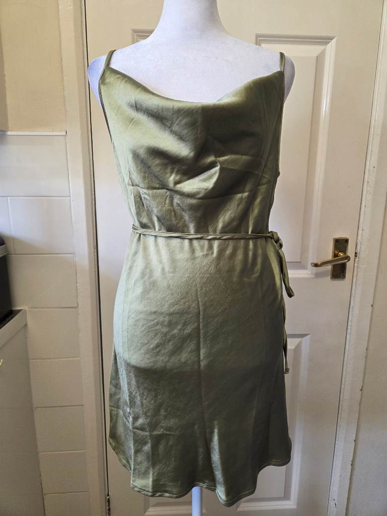 Motel Paiva Satin Cowl Neck Mini Dress. Olive Green. Size Small