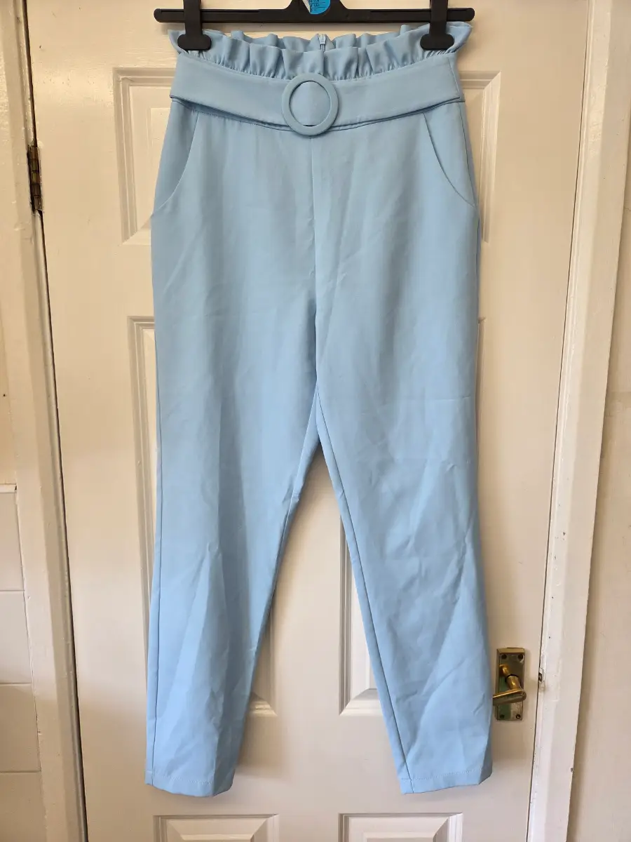 Quiz Light Blue Paperbag Waist Belted Trousers. Size 10
