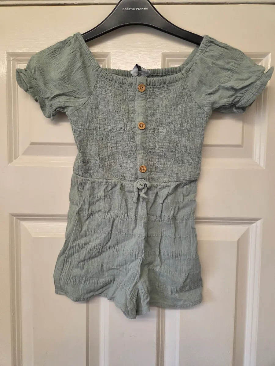 Primark Girls Sage Green Smocked Playsuit Romper- Aged 4-5 Years
