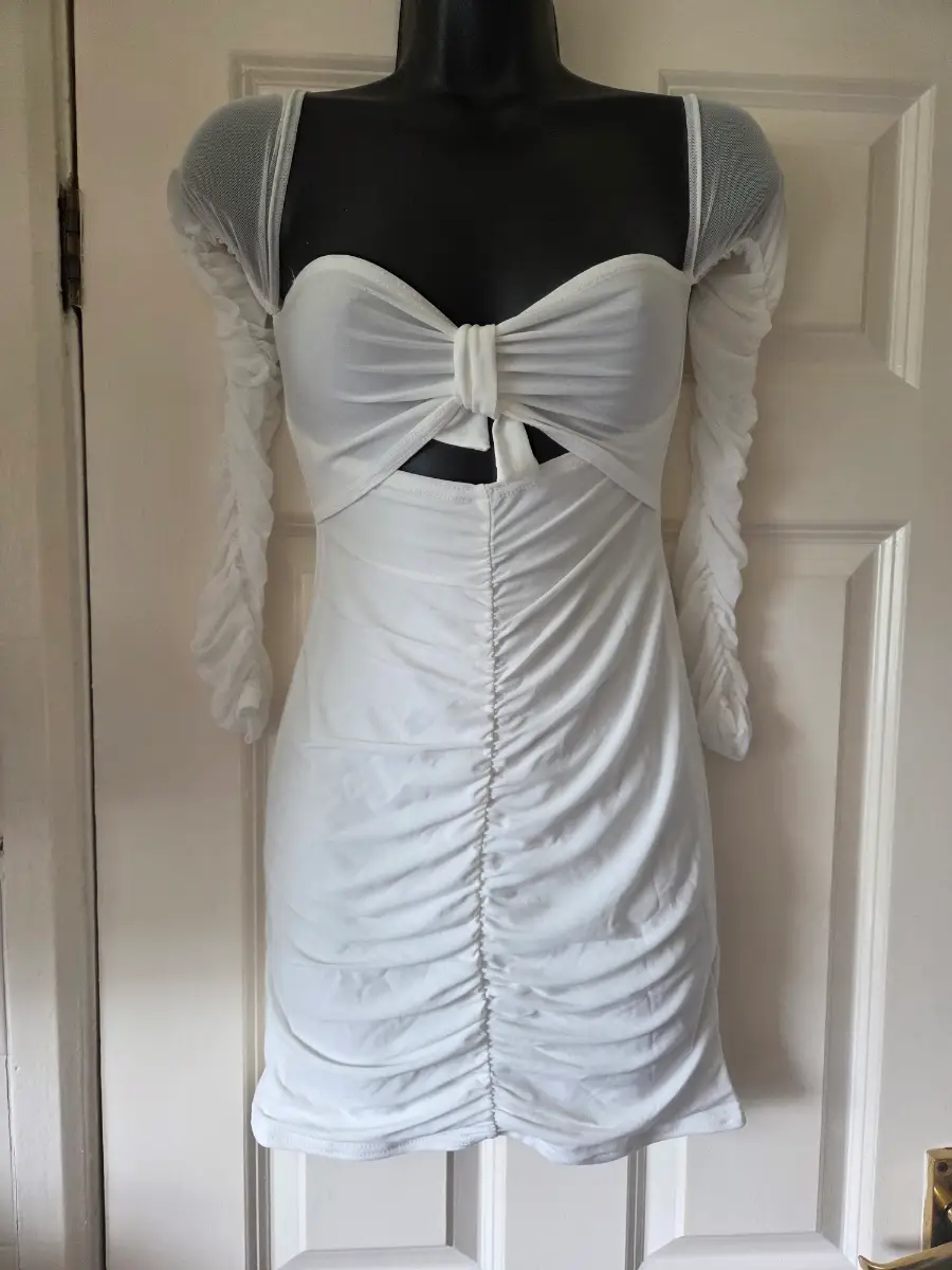 PrettyLittleThing White Mesh Ruched Long Sleeve Cutout Mini Dress. Size 10