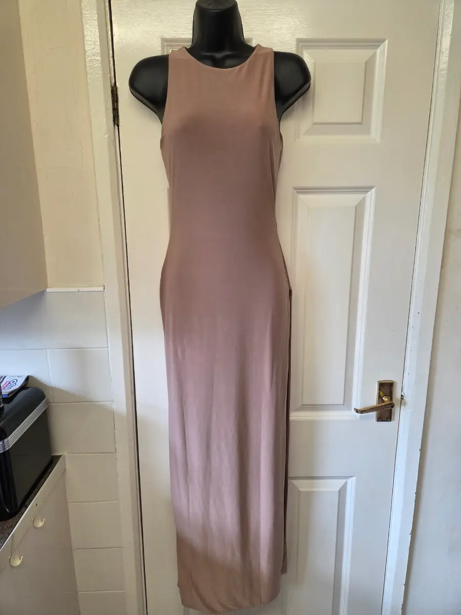 PLT Taupe High Neck Sleeveless Summer Evening Dress. Size 8