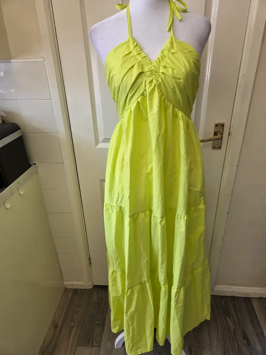 Lime Green Halterneck Tiered Maxi Dress. Size Small