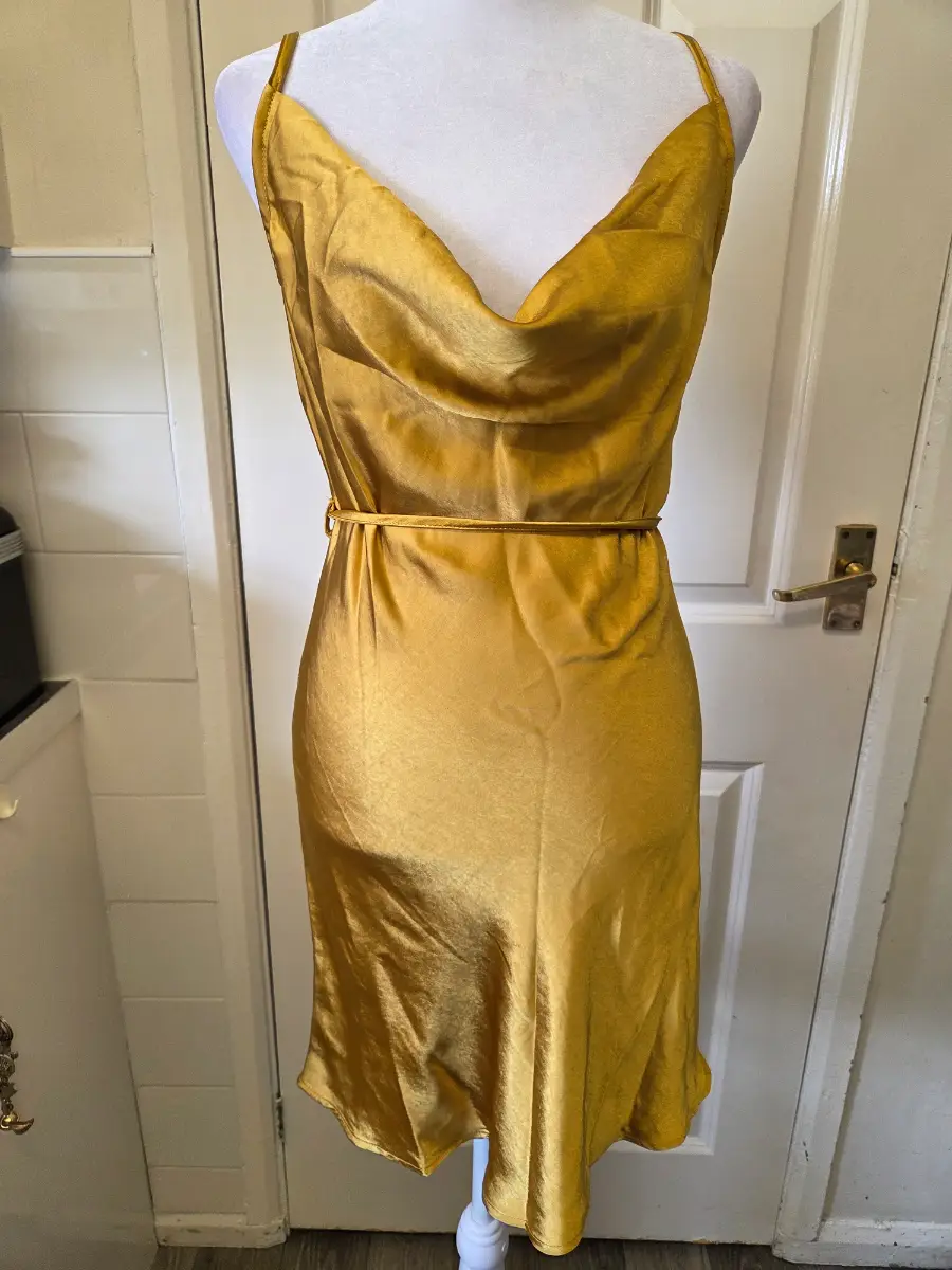 Motel Mustard Gold Satin Cowl Neck Slip Dress- Size M (UK10)