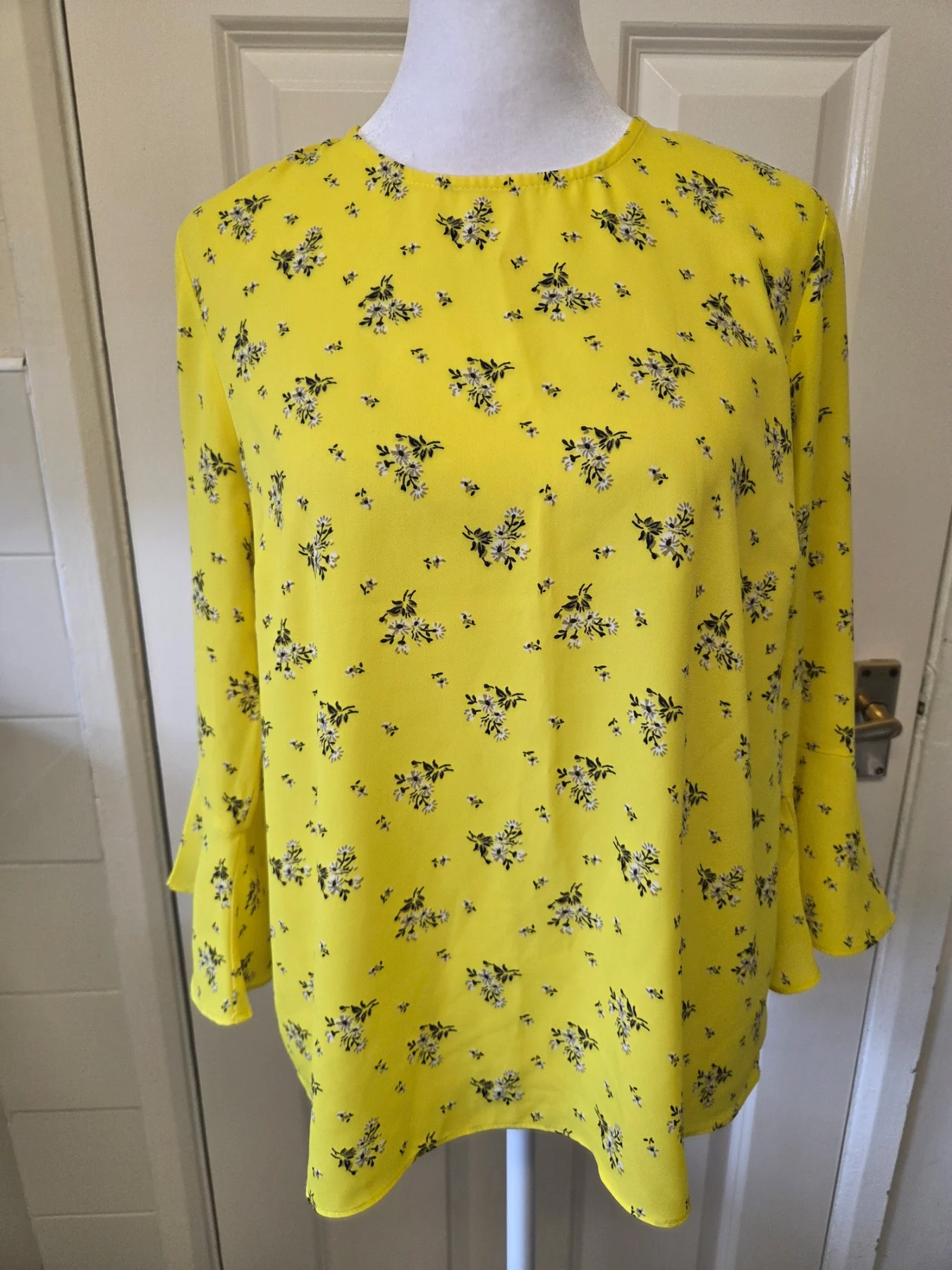 Warehouse Yellow Floral Bell/Flute Sleeve Blouse. Size 10