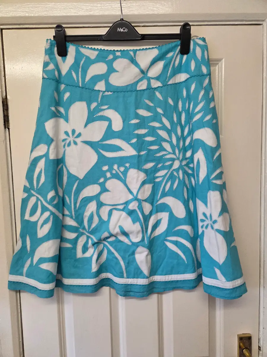 Monsoon Turquoise & White Floral A-Line Flare Summer Skirt. Size 14