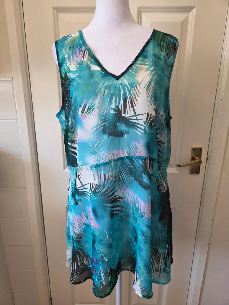 Kaliko Teal Tropical Palm Print Chiffon Overlay Tunic Dress Longline Top Size 14