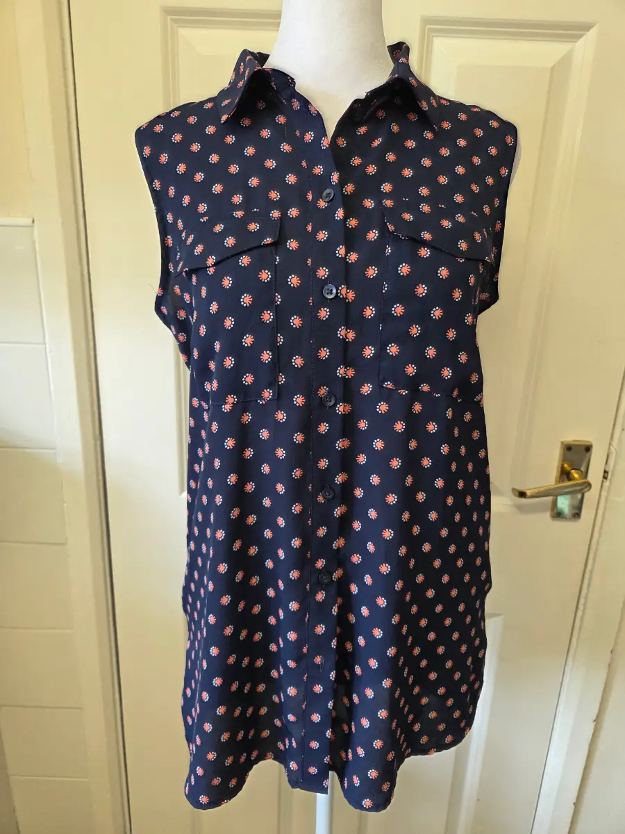 Vintage Style M&S Sleeveless Button Down Top Blue/Orange. Size 8