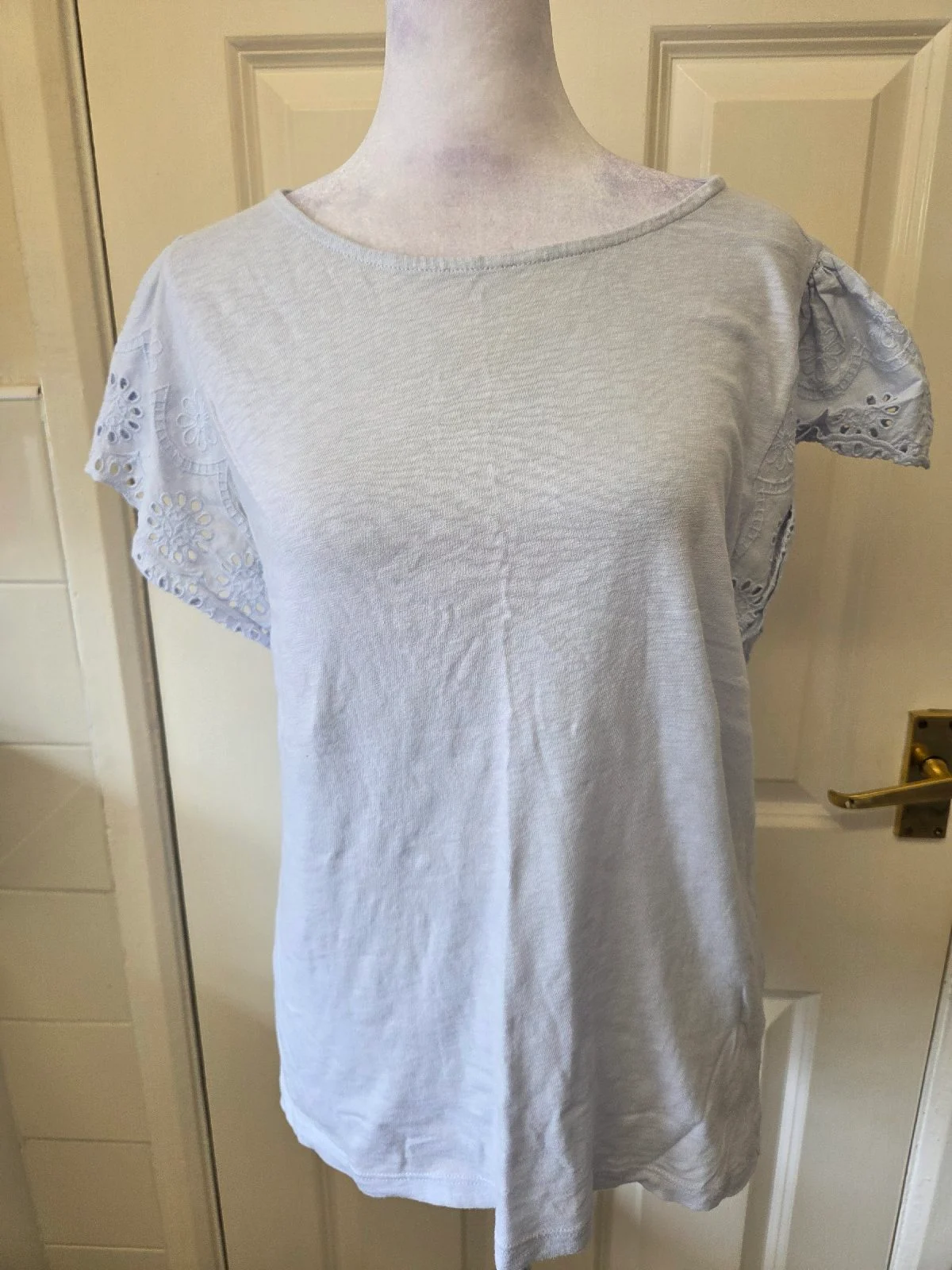 M&S Pastel Blue Top Size 10. Broderie Anglaise Eyelet Lace Short Sleeve Tee