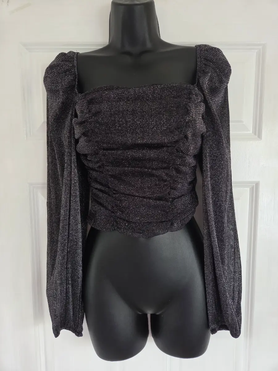 New Look Black Sparkly Square Neck Ruched Crop Top - Size 10