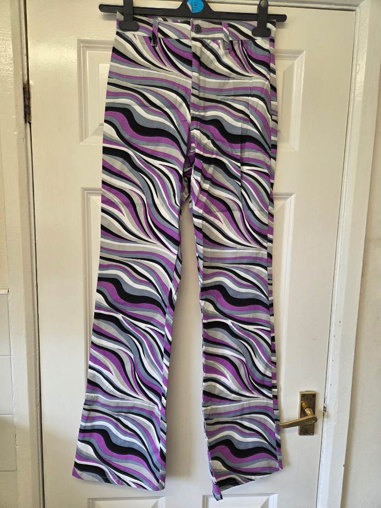 Motel Zoven Flares 60s Abstract Purple Swirl Print Trousers. Size XS (UK8)