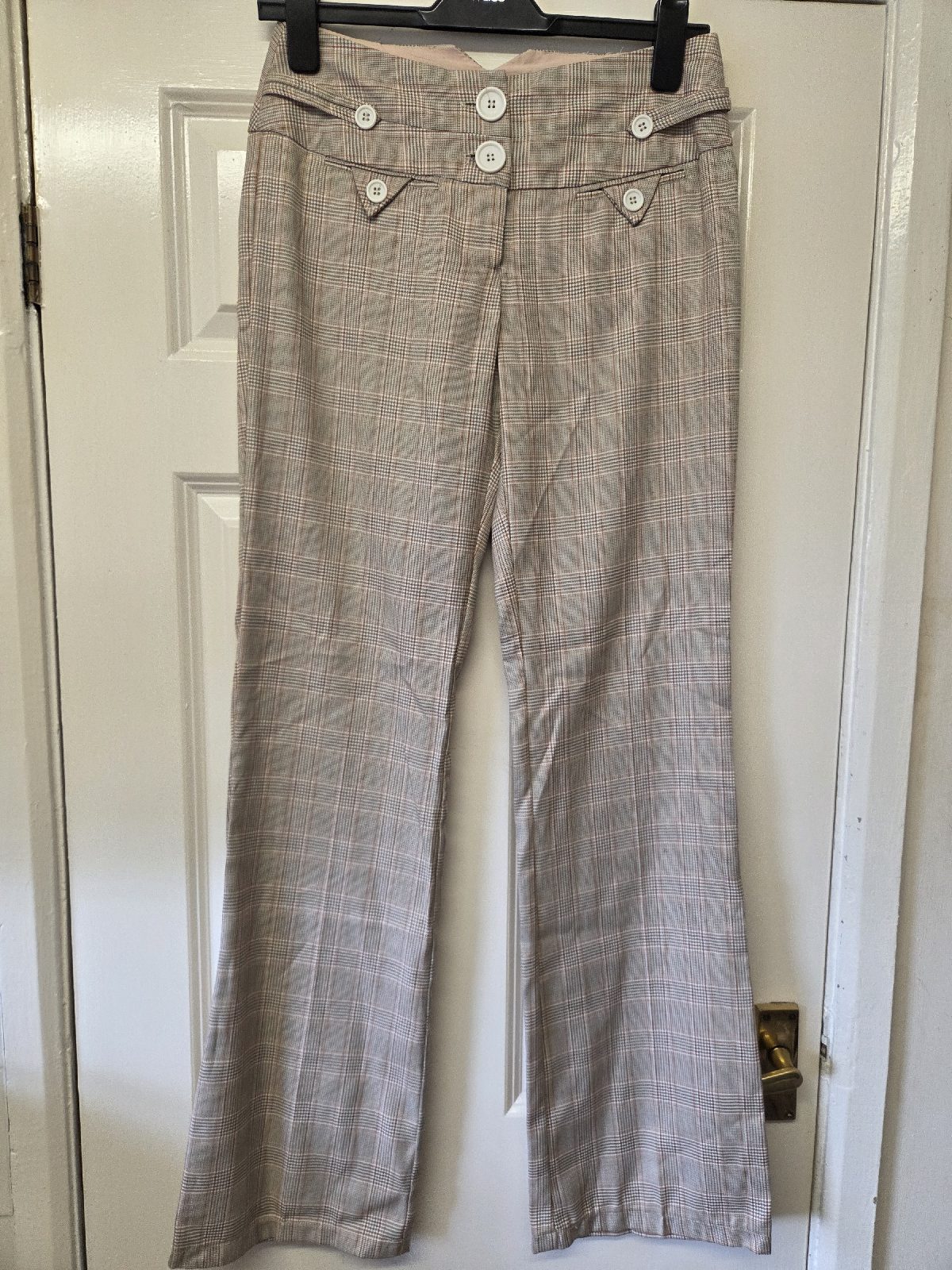 K&D Women's Brown Grey Glen Check Plaid Flared Trousers Pants Size 8