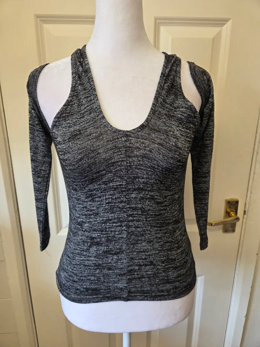 Parisian Black & Grey Space Knit Cut Out Shoulder Top. Size 10