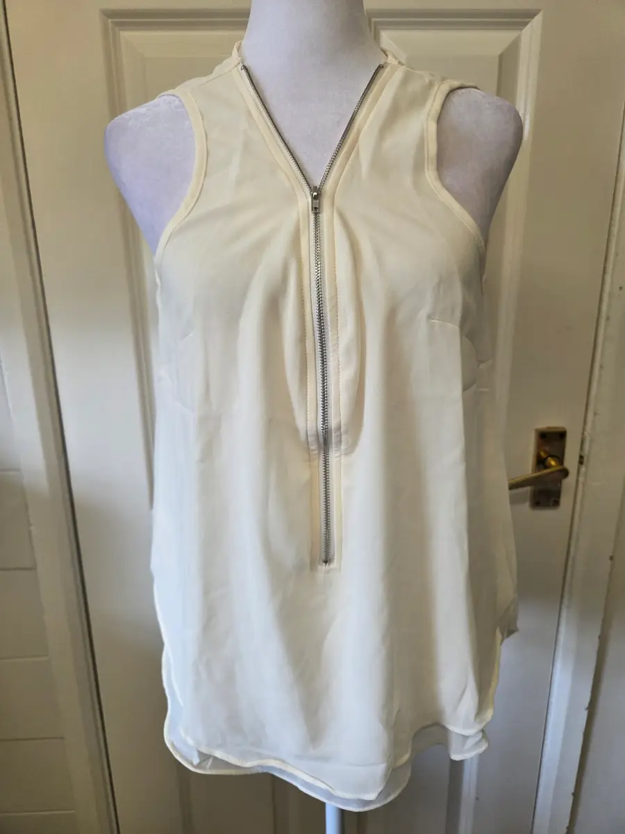 Miss Suki Cream Sleeveless Zip-Front Chiffon Top - Size 12