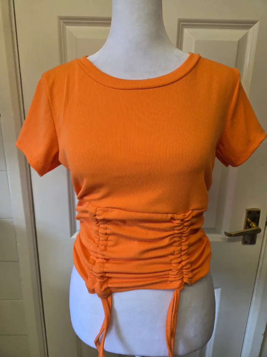 Bright Orange Ribbed Tee with Adjustable Cinched Waist. Size 8