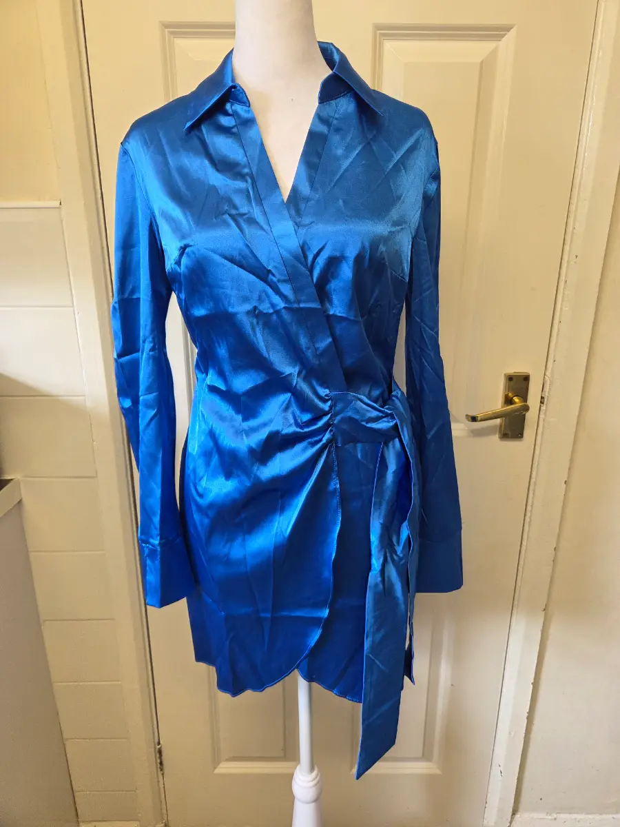 AsYou Royal Blue Satin Wrap Shirt Mini Dress. Size 6