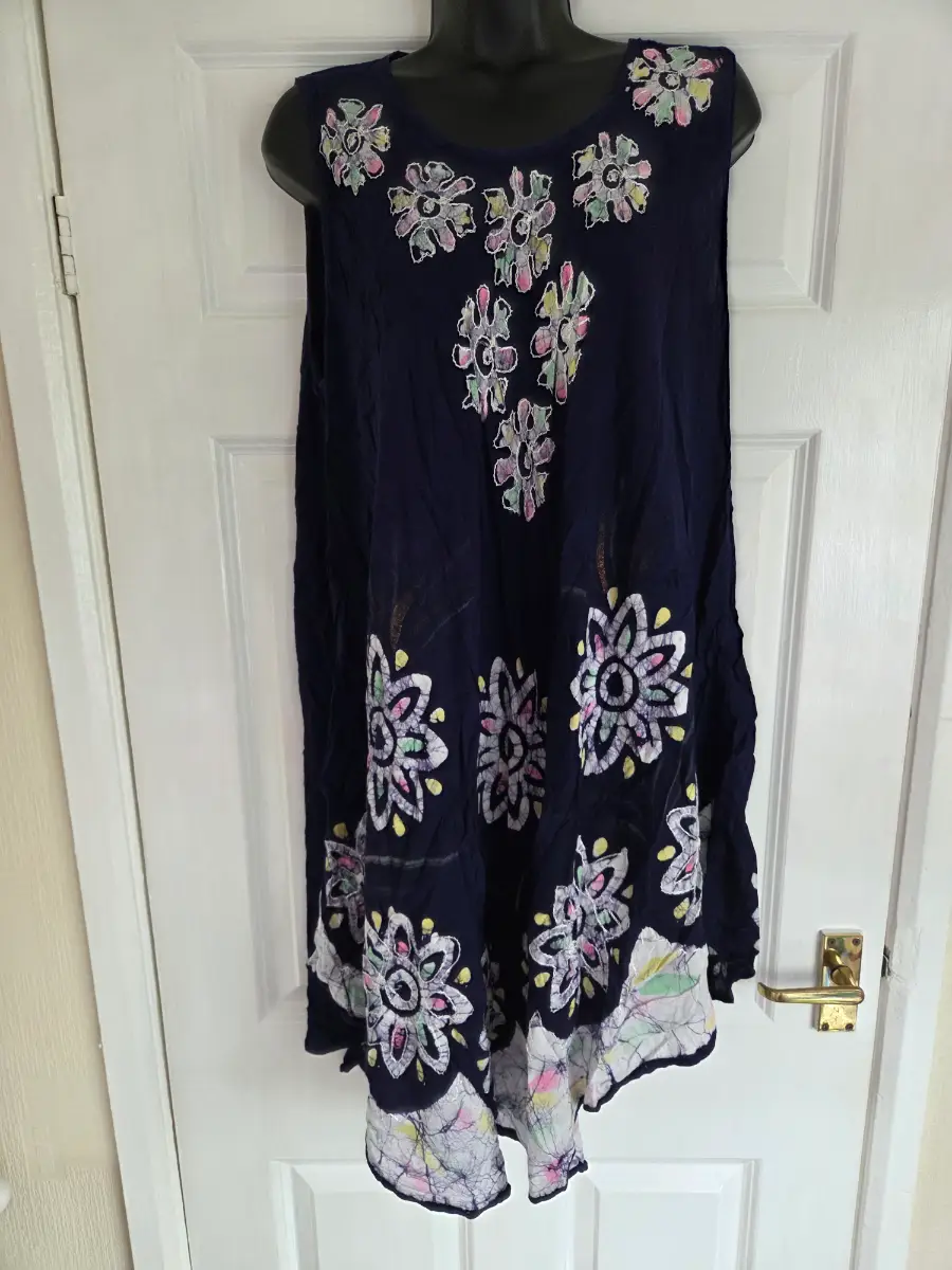 Navy Blue Boho Batik Floral Sleeveless Tunic Dress- Free Size