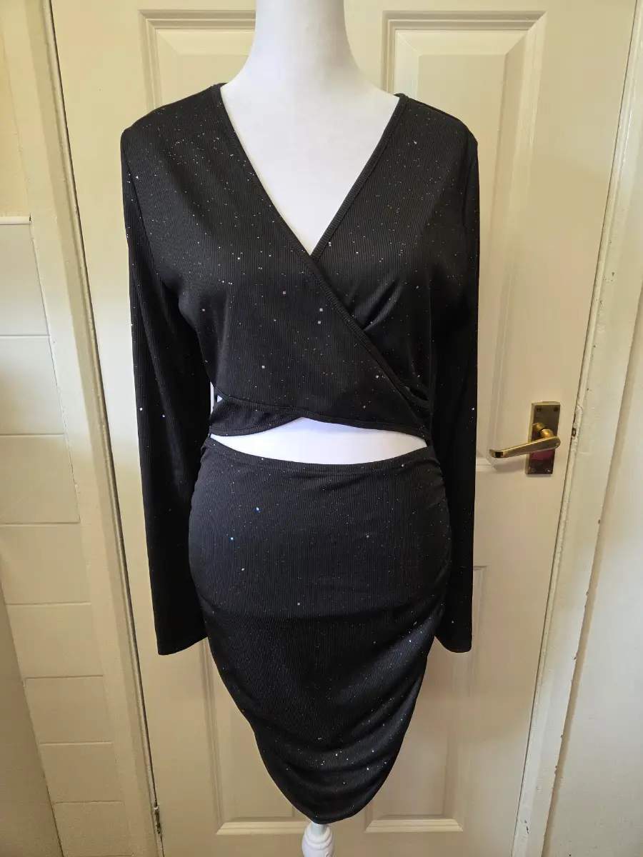Shein Black Glitter Cutout Wrap Mini Dress – Size Large (UK 12/14)