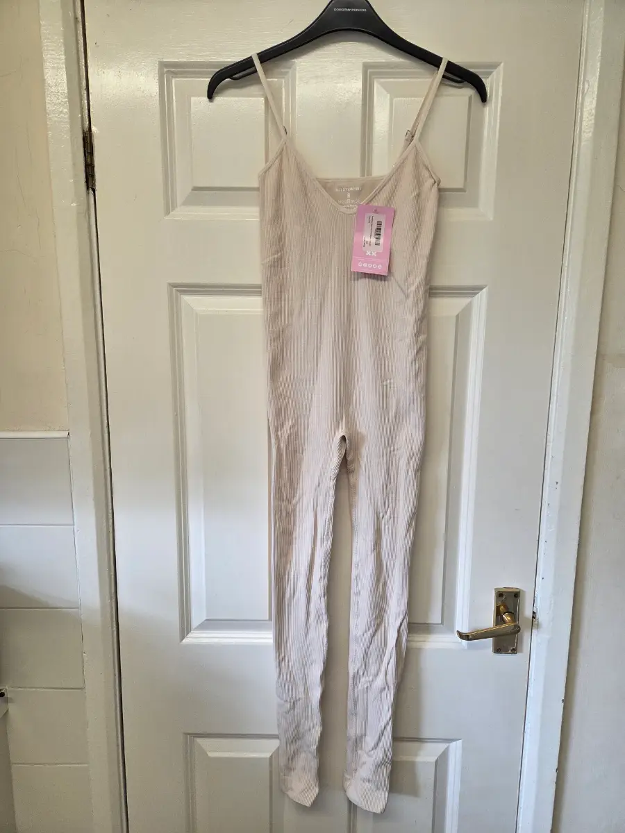 Brand New Missy Empire Cream Ribbed Strappy Jumpsuit Unitard. Size 8