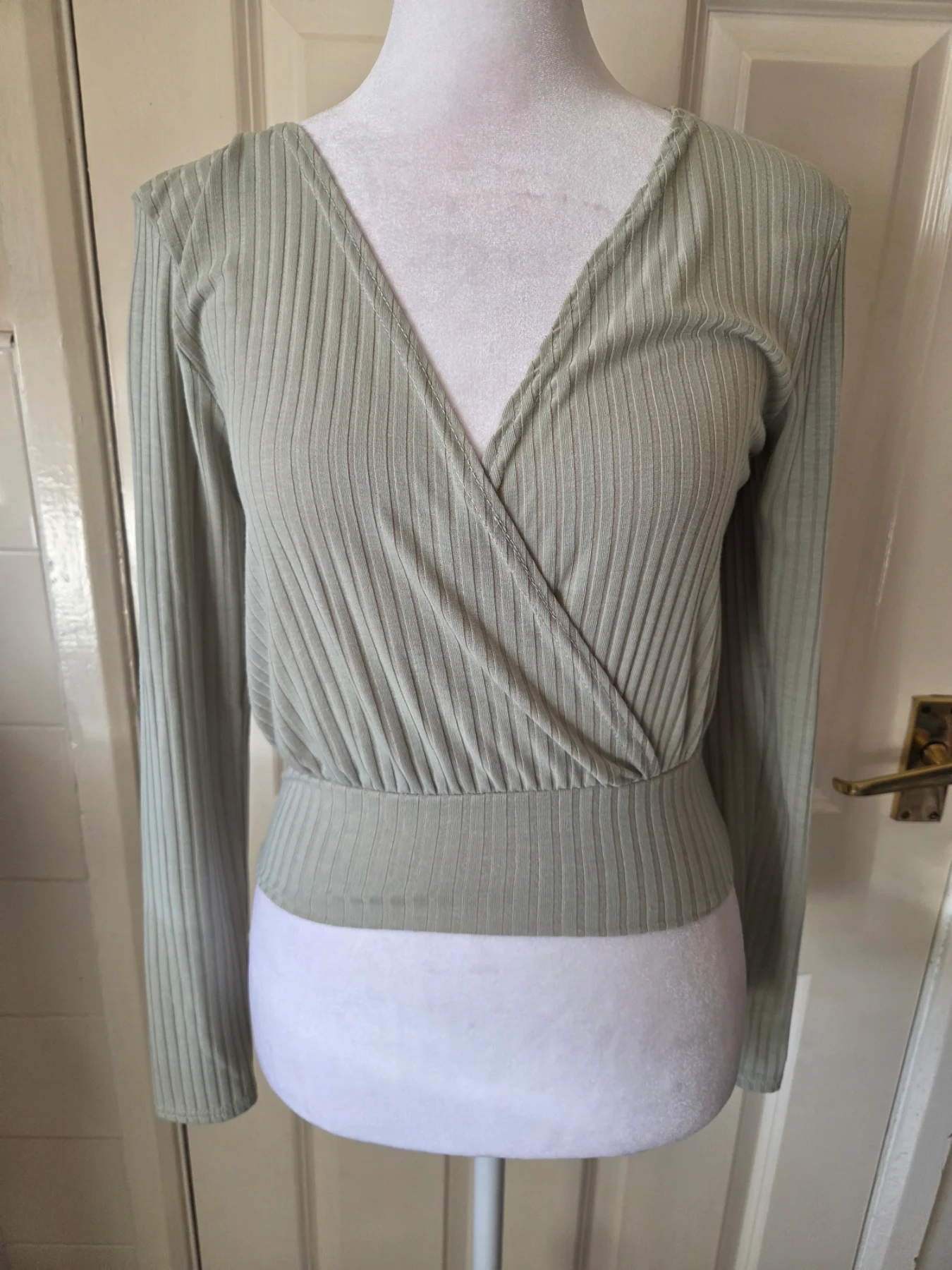 Misspap Sage Green Ribbed Wrap Long Sleeve Crop Top. Size 6