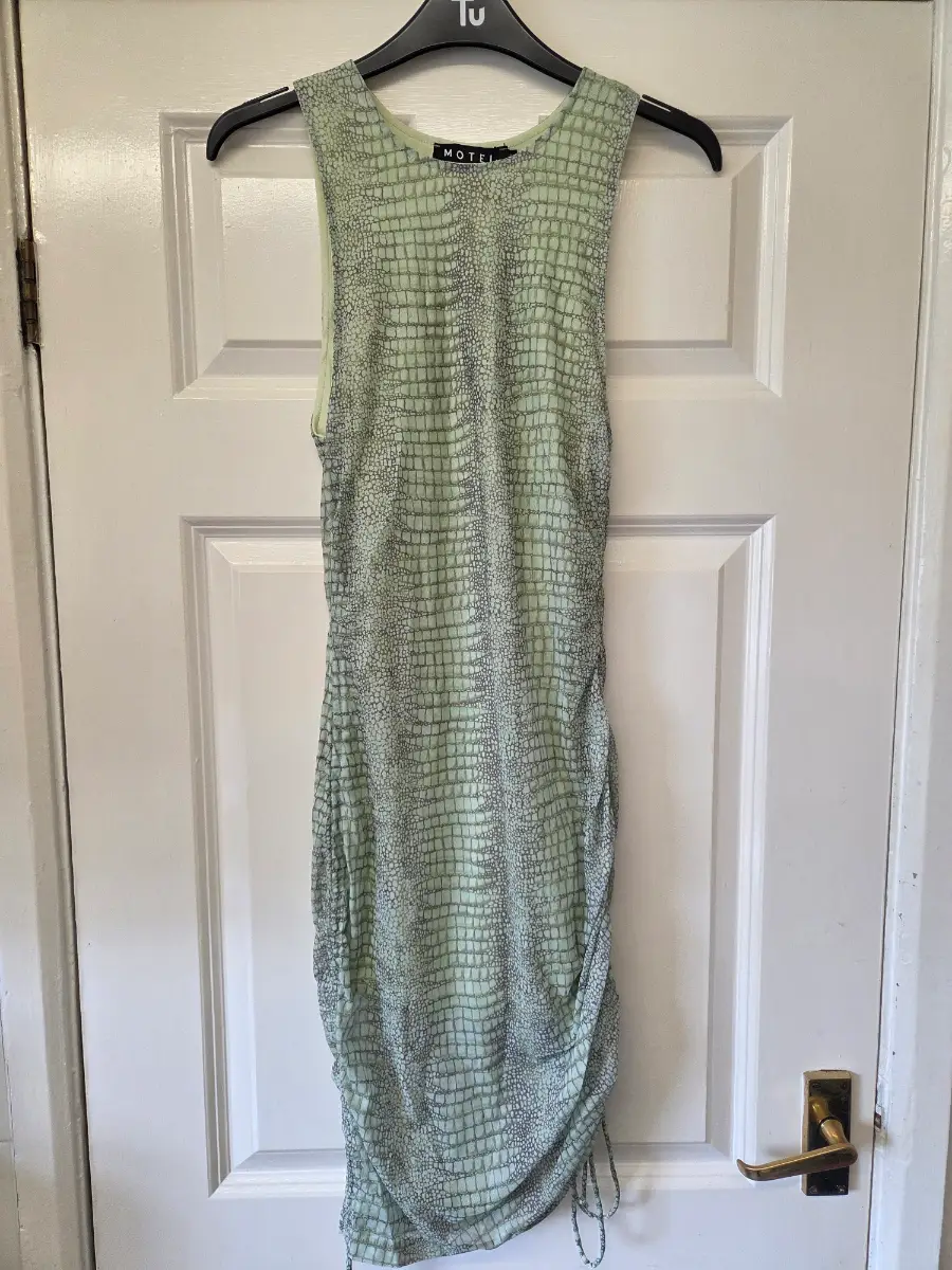 Motel Green Snake Print Ruched Midi Dress. Size Small