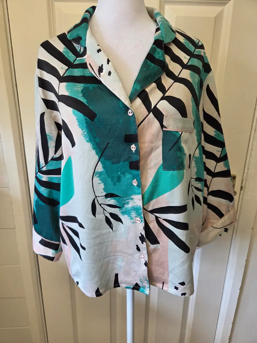 George Teal Abstract Leaf Print Button-Up Shirt- Size 10