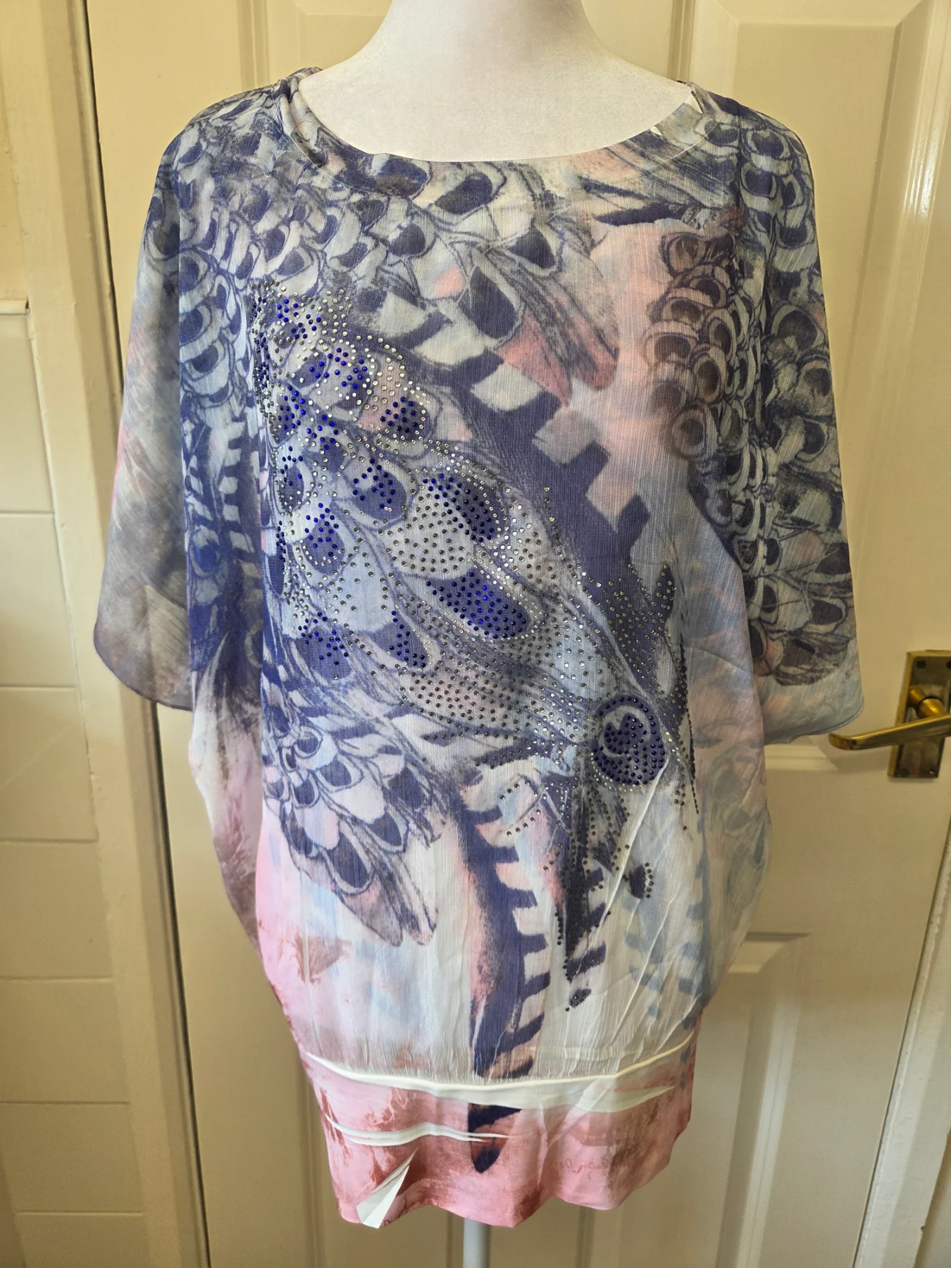 Quiz Blue & Pink Peacock Batwing Top. Size Small