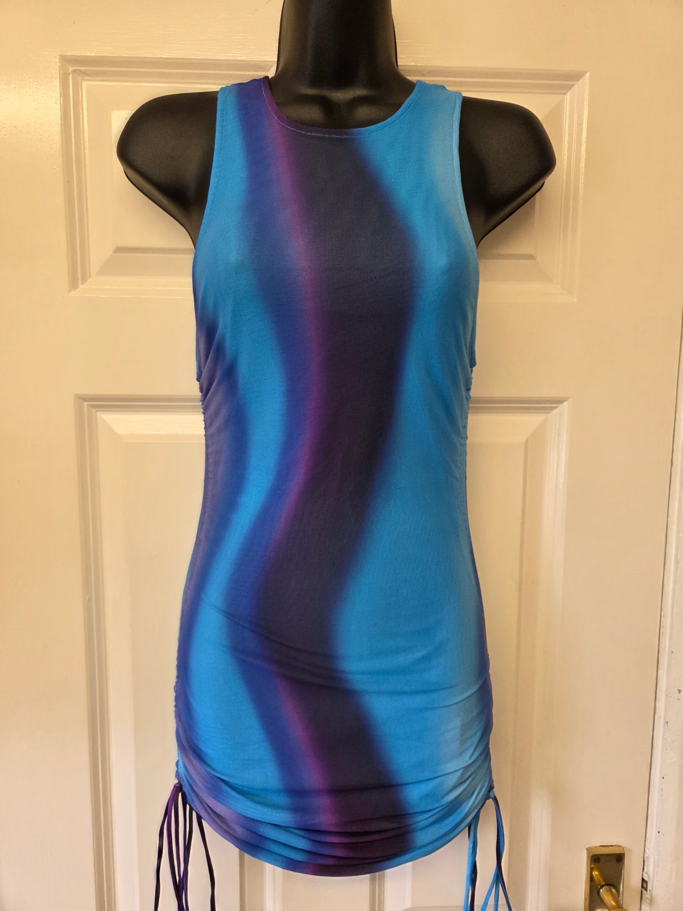 Y2K Festival Motel Rocks Blue Purple Solarized Wave Ruched Bodycon Dress Size XS
