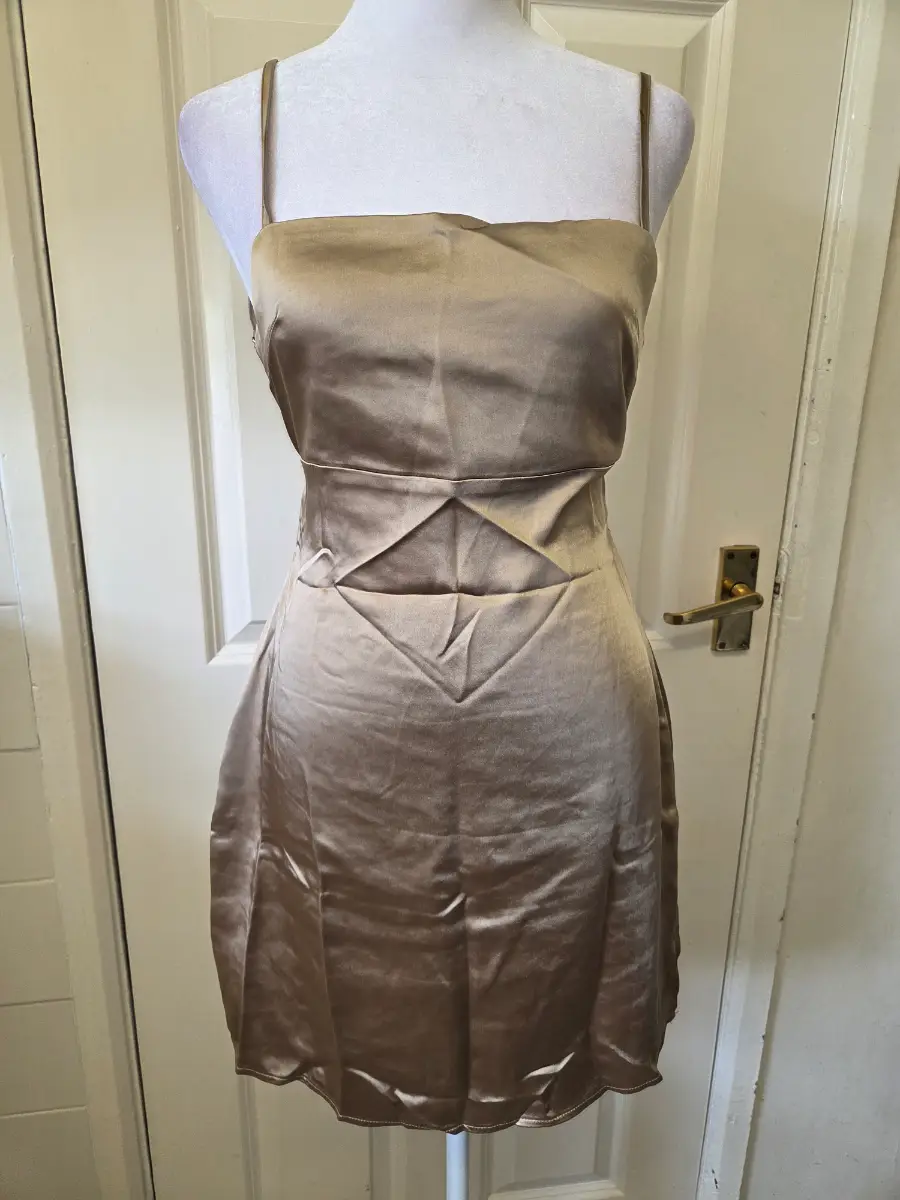 Motel Champagne Satin Slip Mini Dress w/Cutout Details Size M (UK10)