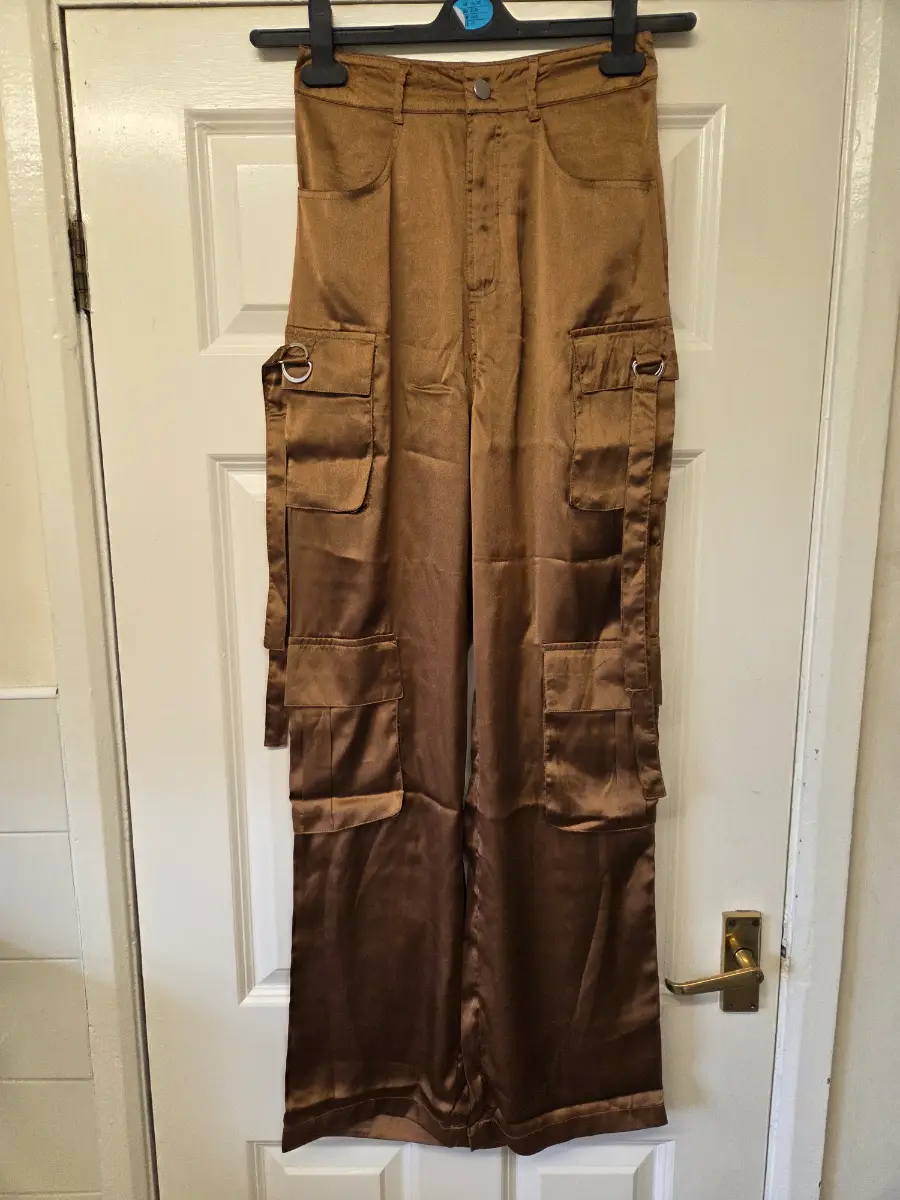 Silkroad Daughters Chocolate Brown Satin Wide-Leg Cargo Trousers. Size 6