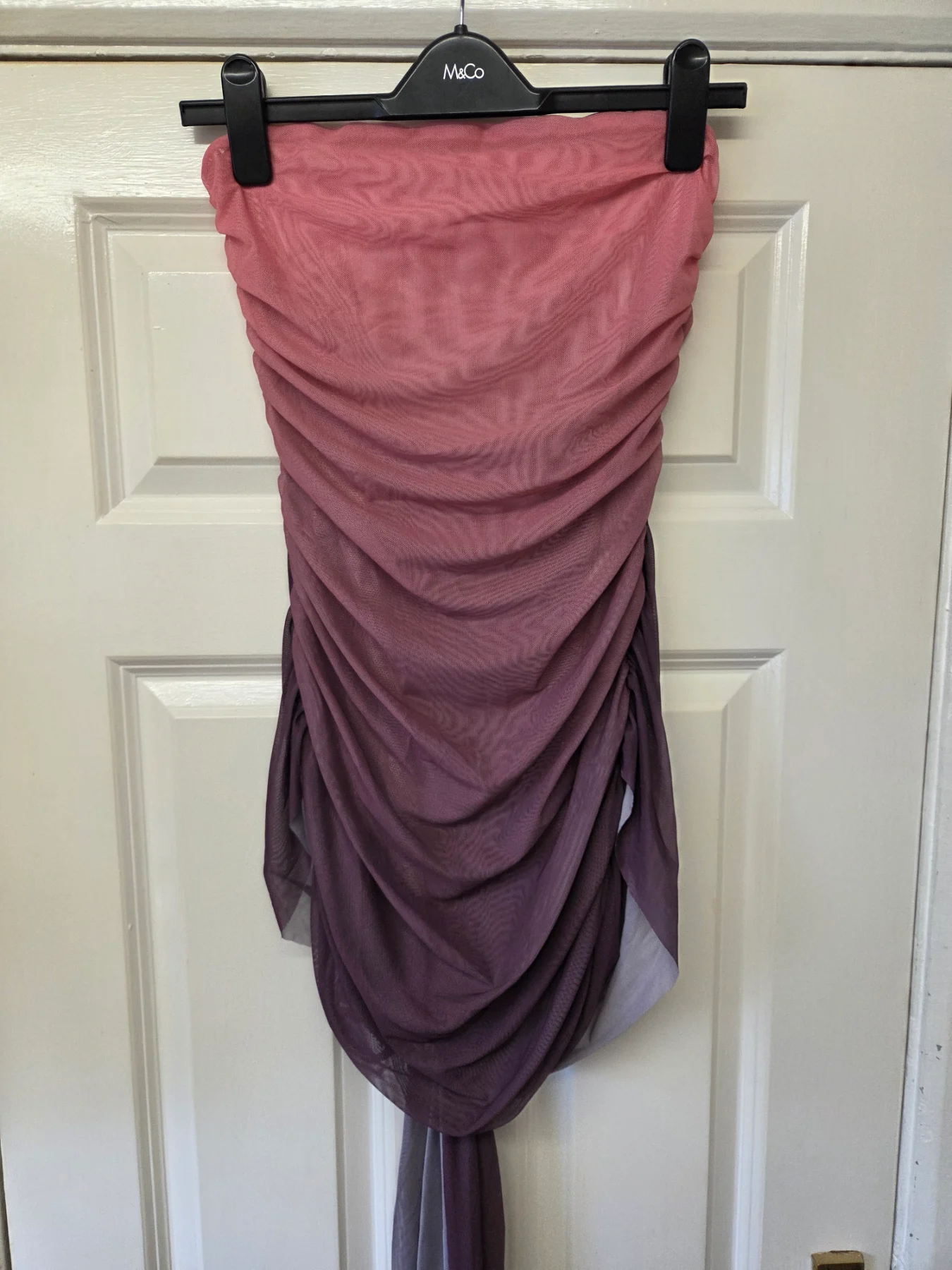 Ombre Pink to Purple Strapless Ruched Mesh Mini Dress. Size L (UK12)