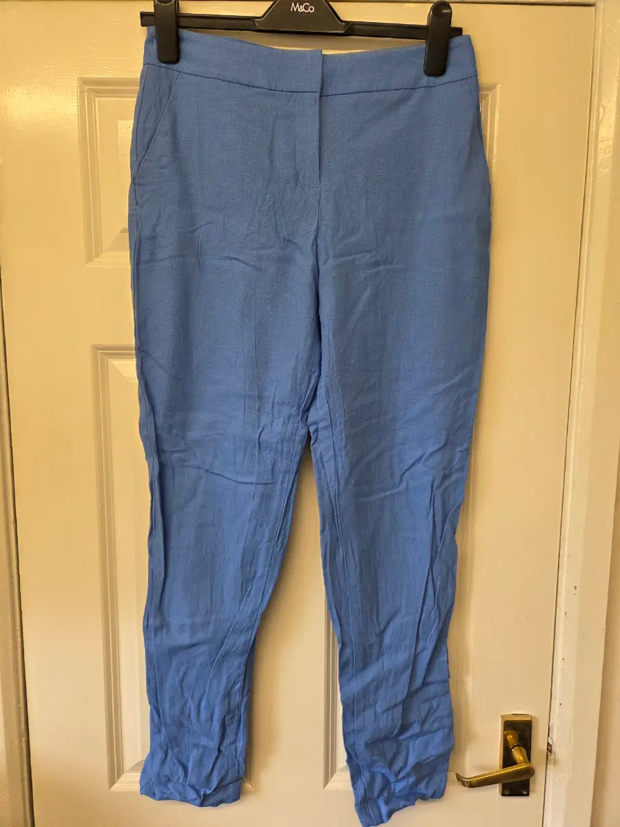 Marks & Spencer Cornflower Blue Linen Blend Trousers. Size 10. LONG LEG