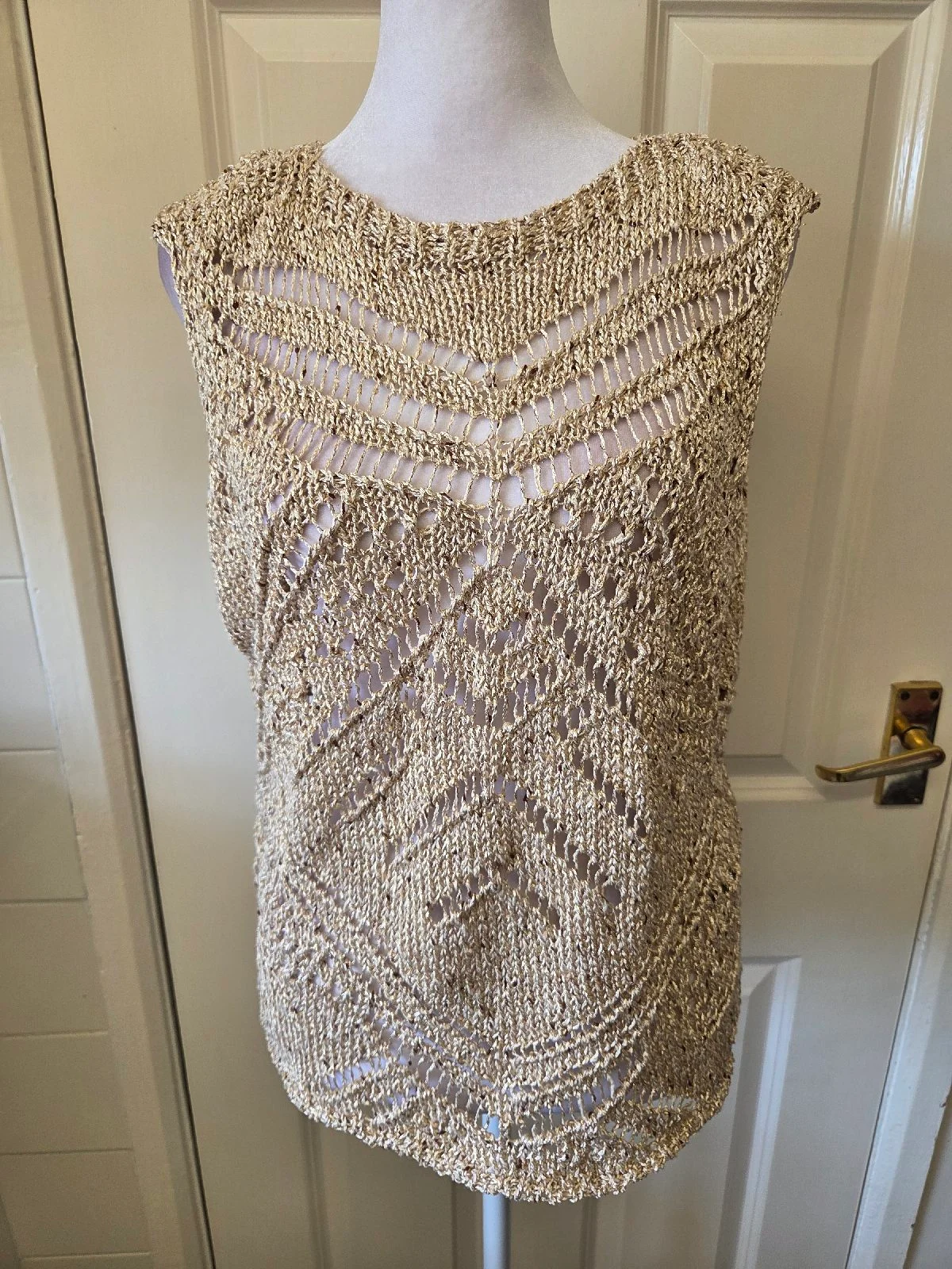 M&S Gold Shimmer Open Knit Crochet Vest Tank Top Boho Festival Size Large