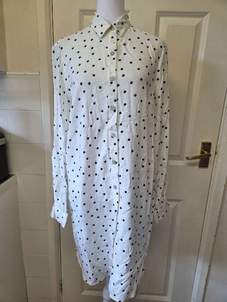 Marina Kavena Cream & Black Polkadot Midi Shirt Dress. Size 8