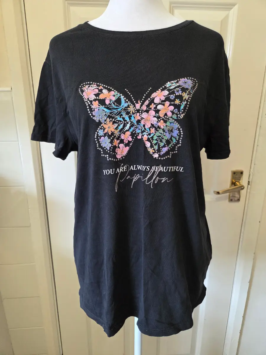 Papaya Black Butterfly Floral Slogan T-Shirt. Size 12