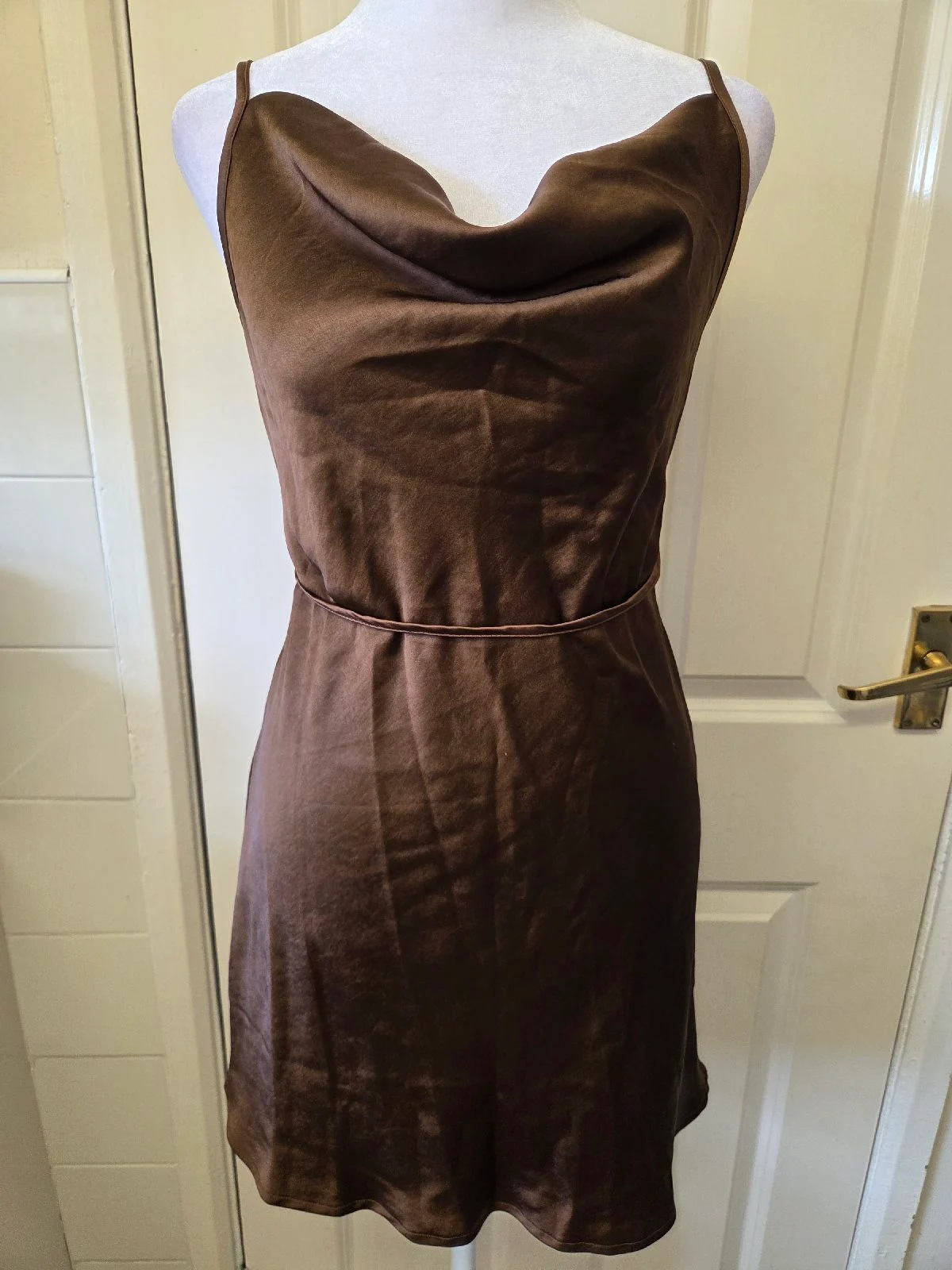 Motel Rocks Paiva Satin Rich Brown Cowl Neck Slip Mini Dress Size XS