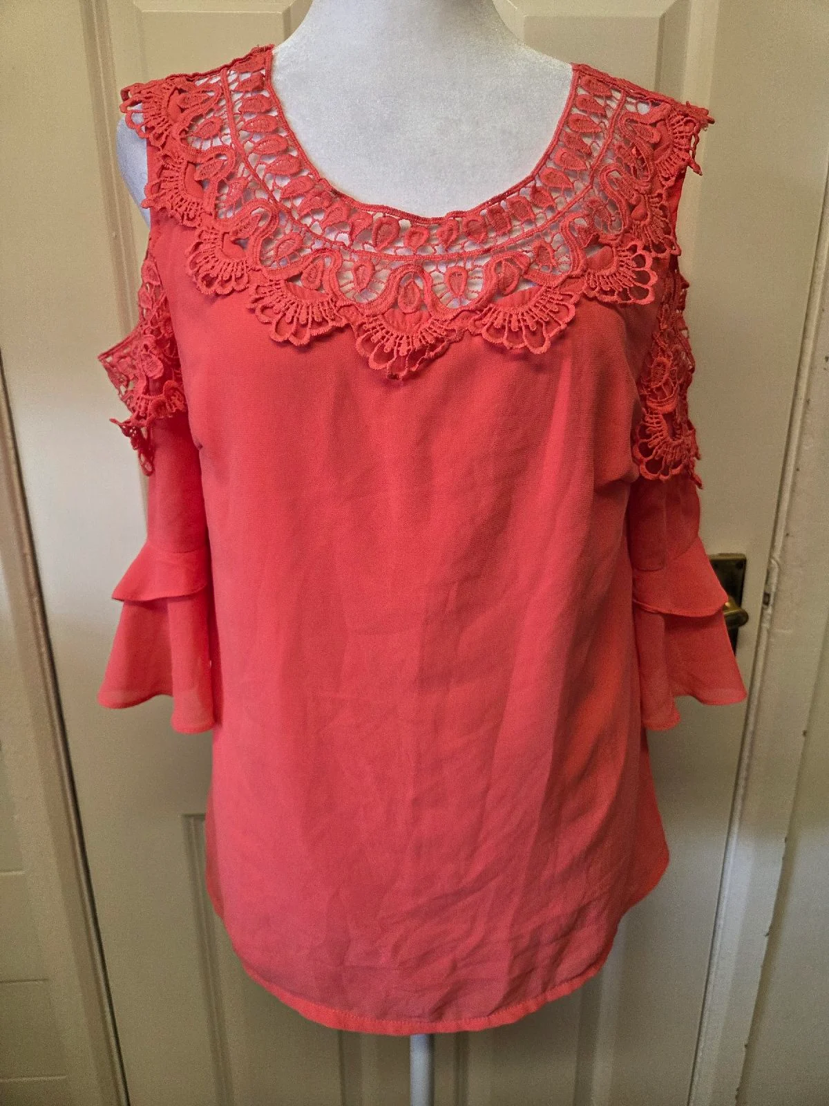 Marc Angelo Coral Cold Shoulder Top Size 12 Lace Crochet Neck Ruffle Sleeve