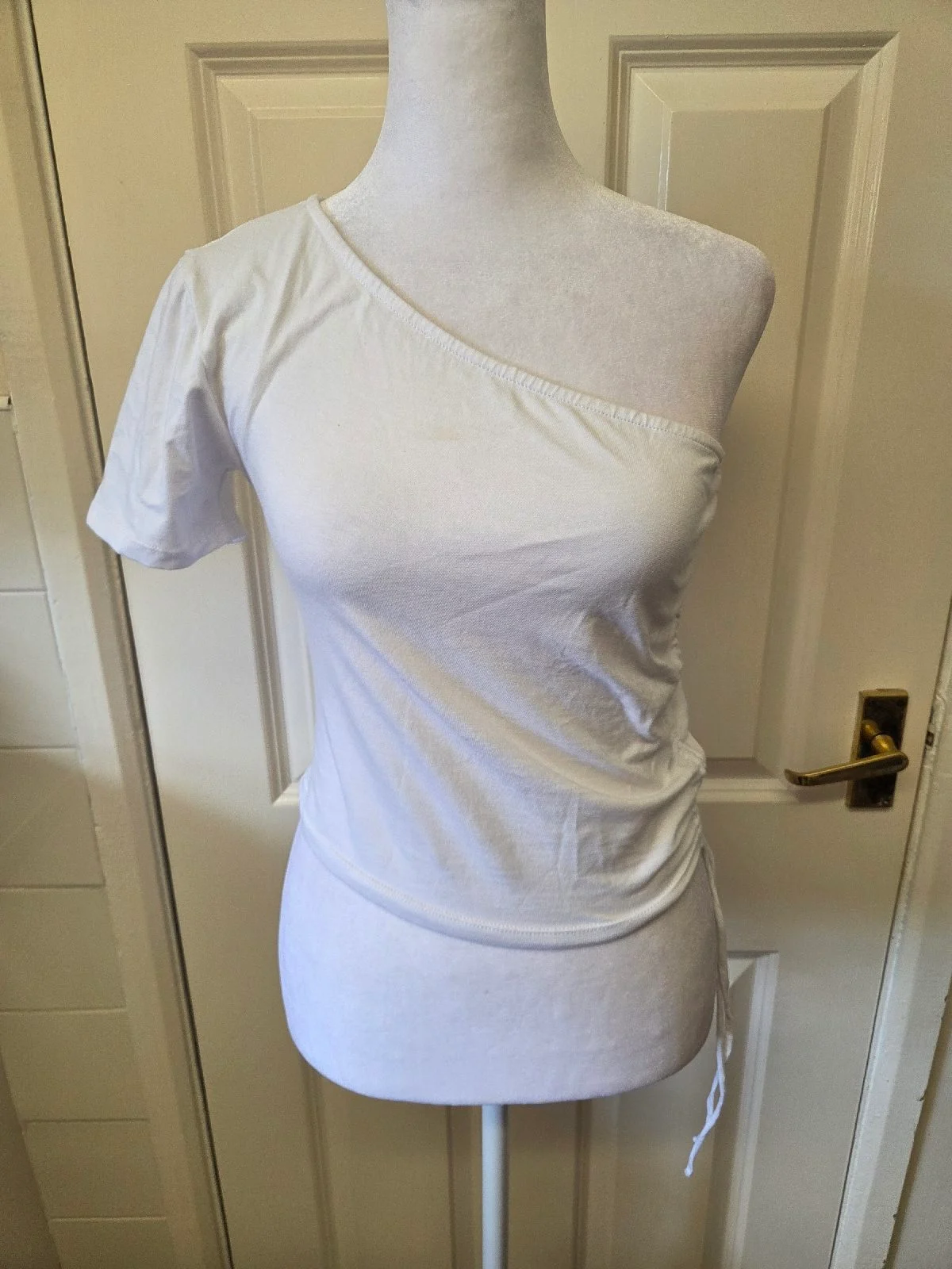 Motel Rocks Daman White Jersey Off-Shoulder Top Side Tie Ruched Size M (UK12)
