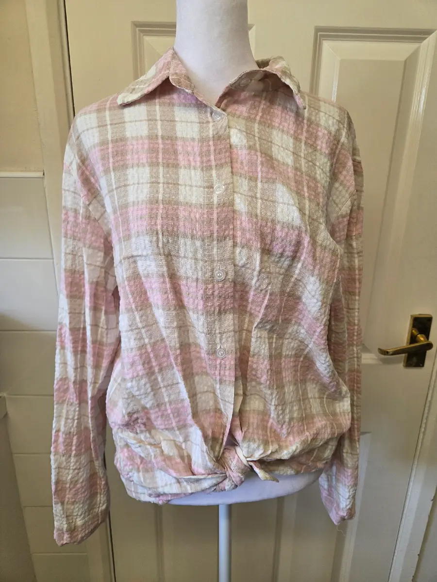 New Collection Pink & Plaid Front Tie Button Up Blouse. Onesize