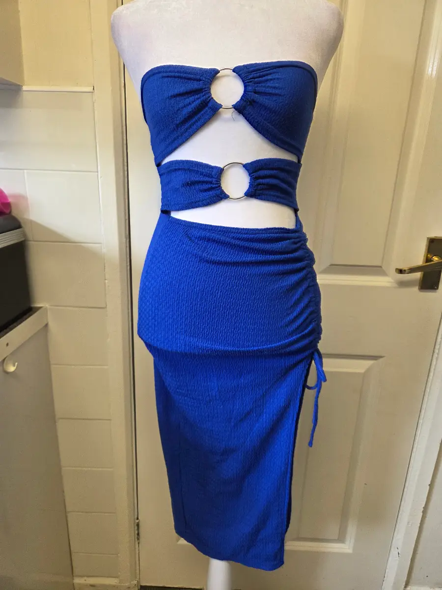Shein Blue Strapless O-Ring Cutout Ruched Bodycon Midi Dress. Size XS