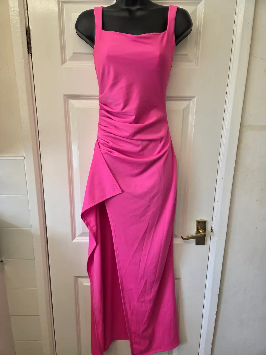 Viral Tiktok Ruched Maxi Dress with High Split. Hot Pink. Size XS