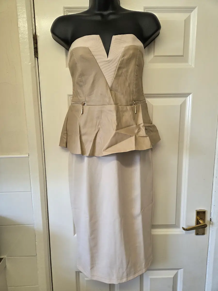 Miss Suki Strapless Peplum Midi Dress Two-Tone Beige and Cream. Size 10