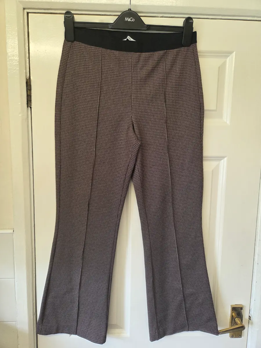 Mango BSC Brown/Black Micro-Check Kick Flare Trousers. Size EUR L (UK12-14)