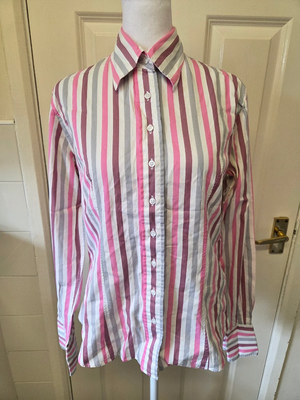 T.M Lewin Women’s Size UK 10 Pink Grey White Striped Long Sleeve Fitted Shirt