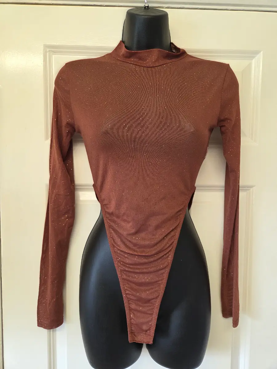 Pink Vanilla Rust Brown Shimmer Mock Neck Bodysuit Size 6