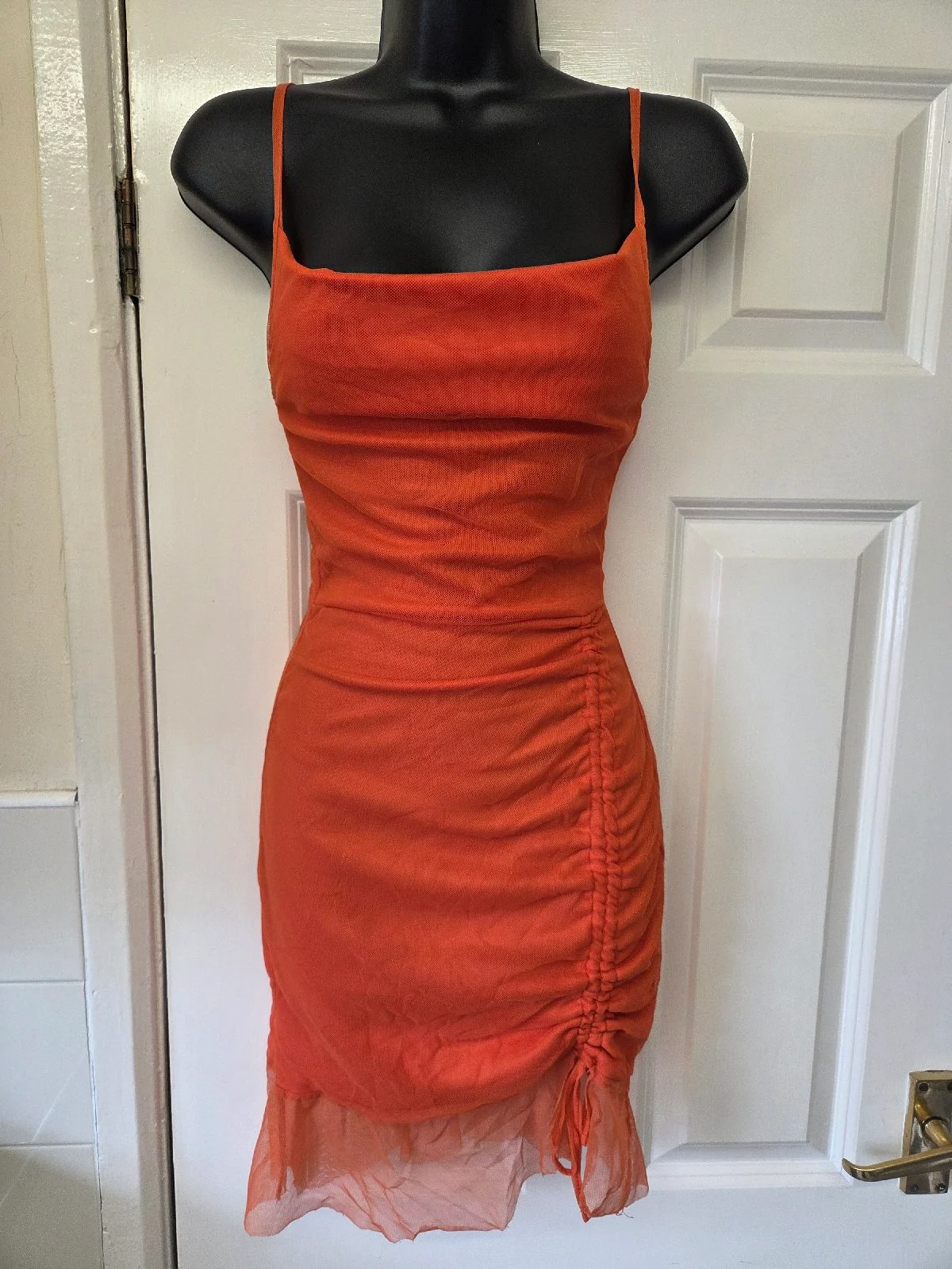 PrettyLittleThing Bright Orange Ruched Side Mesh Dress. Size 6