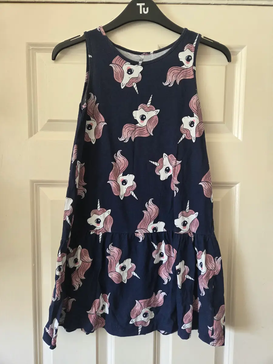H&M Girls Navy Blue Unicorn Sleeveless Jersey Summer Dress. Age 8-10 years